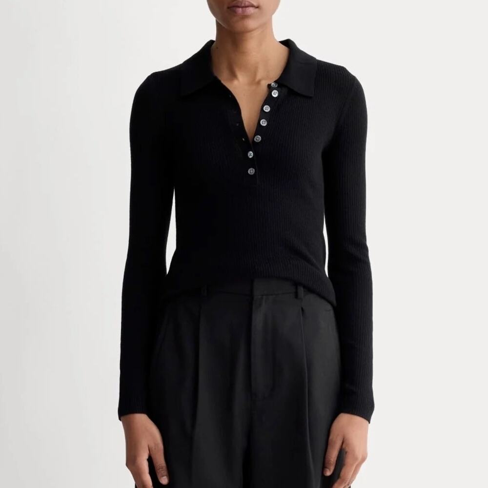 Everlane The Polo in Ultrasoft Merino Wool Long Sleeve Black Size Small NWOT